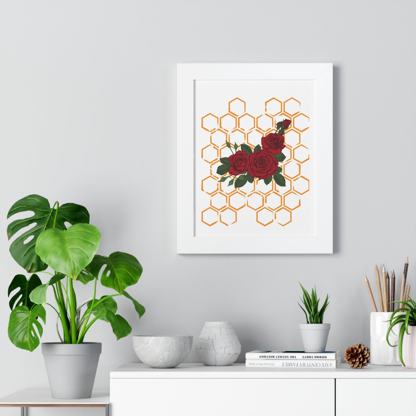 Framed Poster — Red Rose Bouquet with Honeycomb Geometric Print