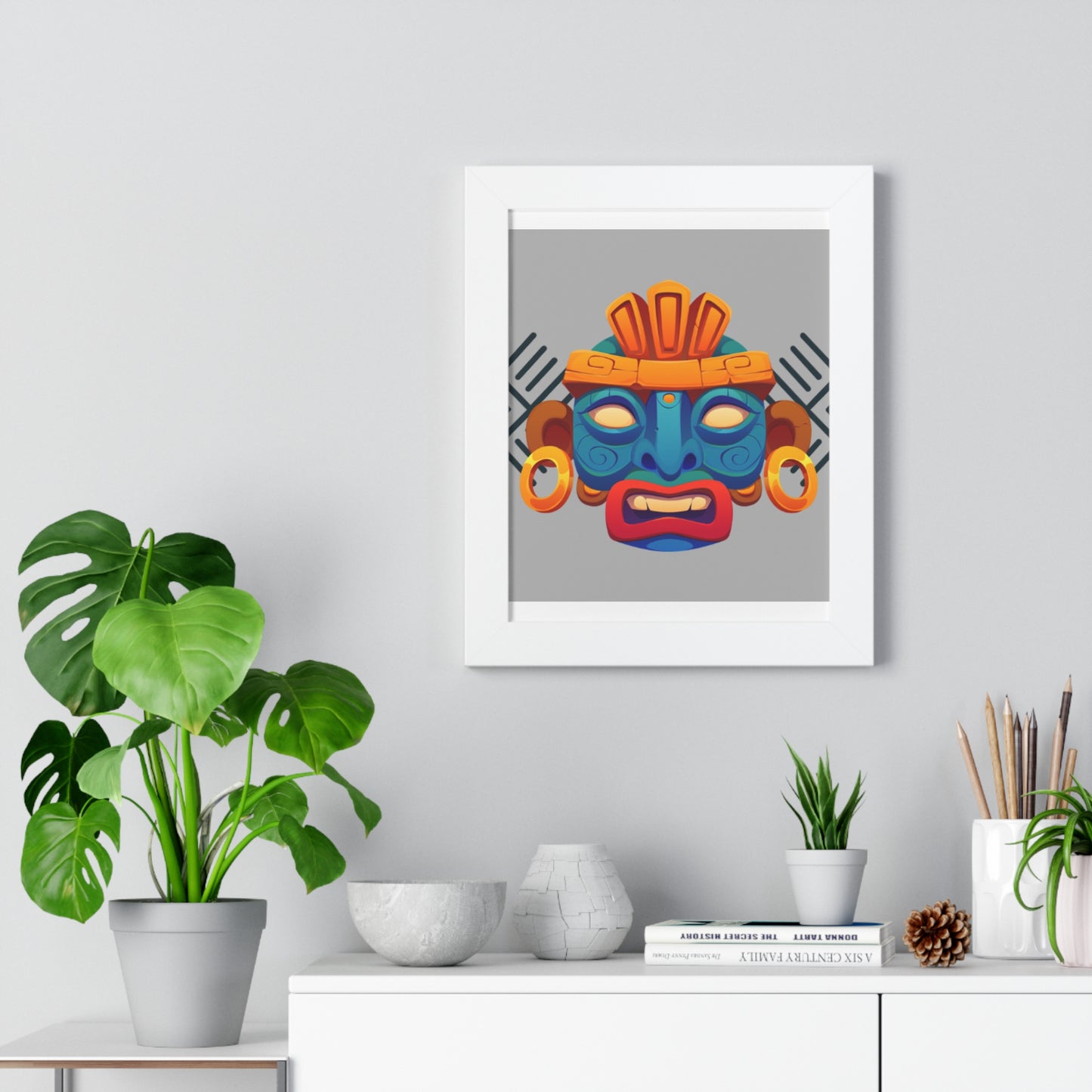 Aztec Mask Framed Poster — Vibrant Tribal Wall Art