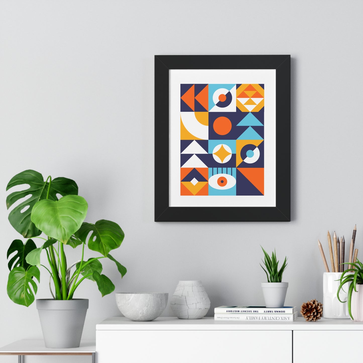 Mid-Century Geometric Art Print — Framed Vertical Poster