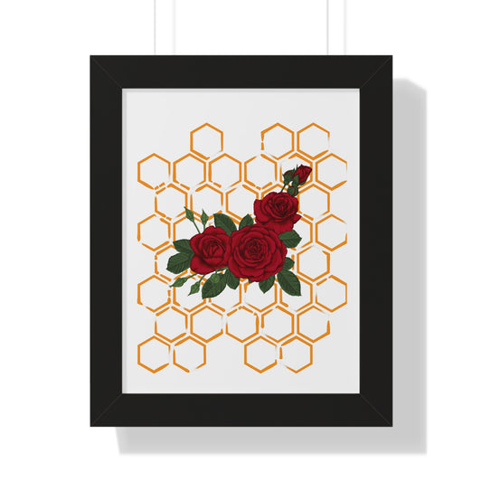 Framed Poster — Red Rose Bouquet with Honeycomb Geometric Print