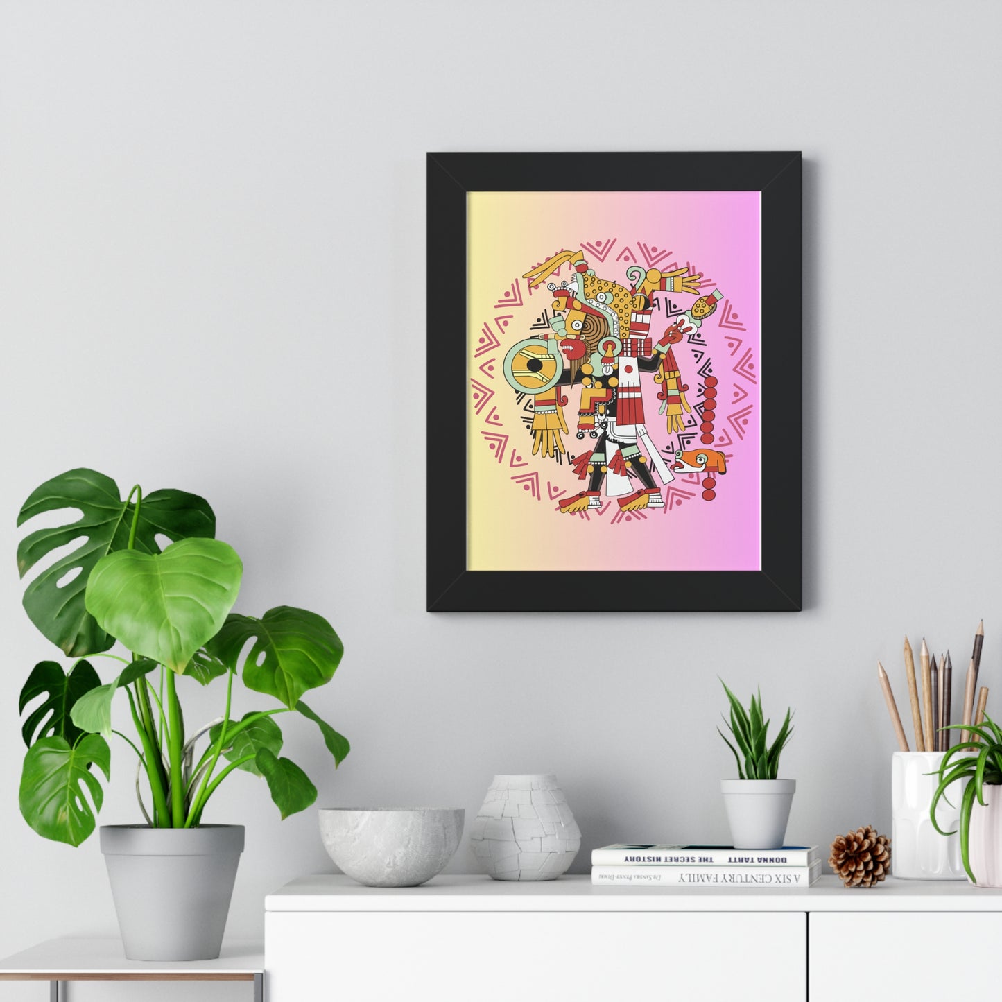 Aztec God Framed Poster — Colorful Mythic Wall Art (Vertical)