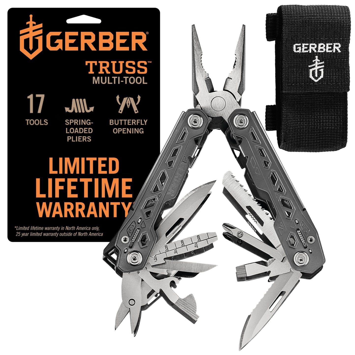 Gerber Gear Truss 17-in-1 EDC Needle Nose Pliers Multi tool - includes Pocket Knife, Screwdriver, and Bottle Opener Accessories - Gifts for Men, Fishing and Camping Gear - Gray with Standard Sheath
