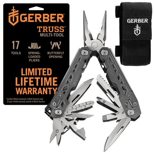 Gerber Gear Truss 17-in-1 EDC Needle Nose Pliers Multi tool - includes Pocket Knife, Screwdriver, and Bottle Opener Accessories - Gifts for Men, Fishing and Camping Gear - Gray with Standard Sheath