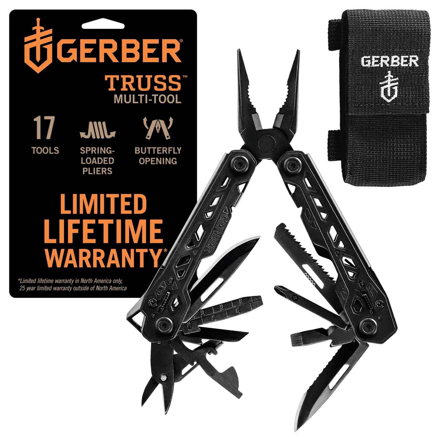 Gerber Gear Truss 17-in-1 EDC Needle Nose Pliers Multi tool - includes Pocket Knife, Screwdriver, and Bottle Opener Accessories - Gifts for Men, Fishing and Camping Gear - Gray with Standard Sheath